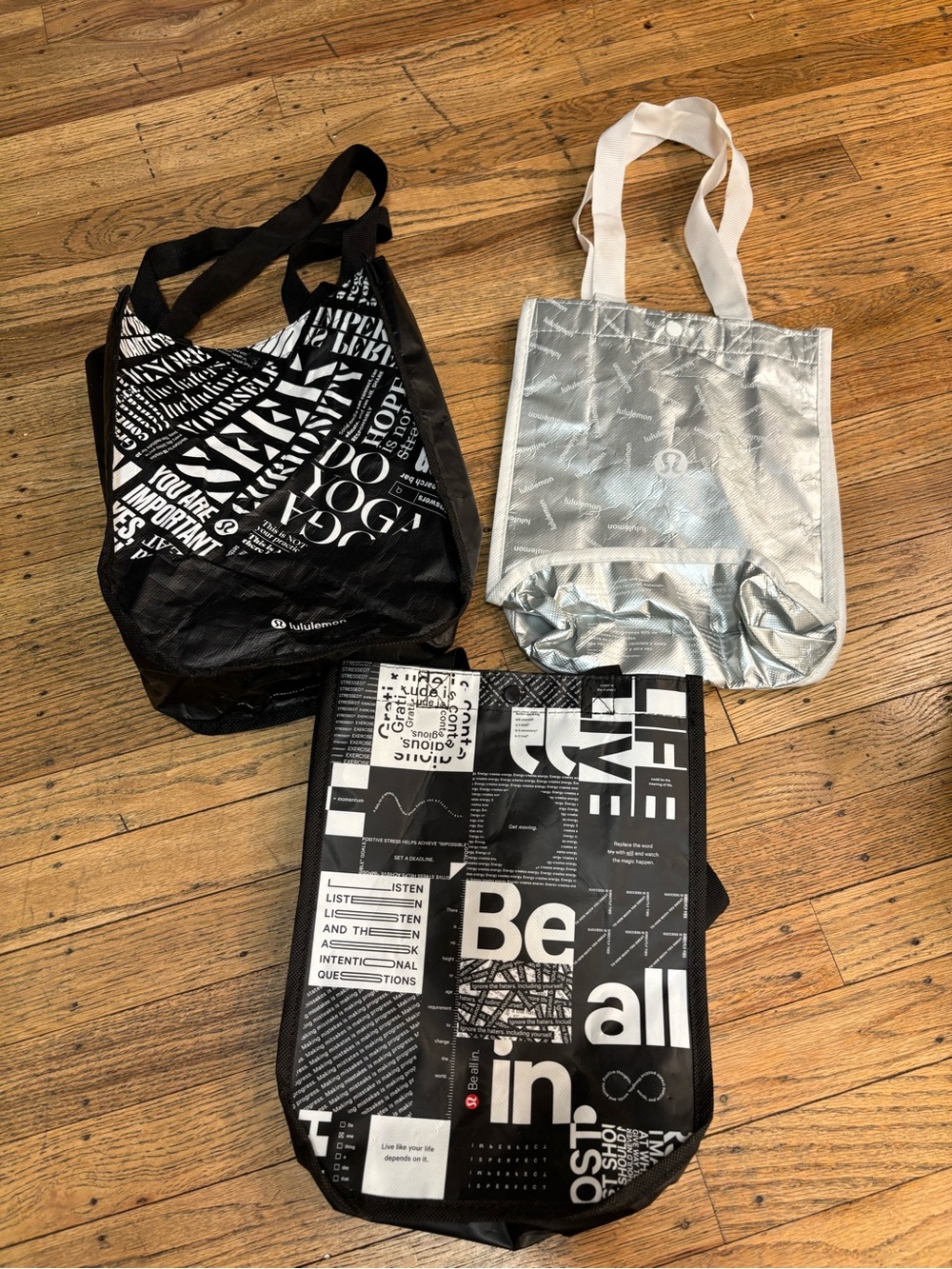 lululemon athletica Black & Silver Graphic Tote Bag Trio
